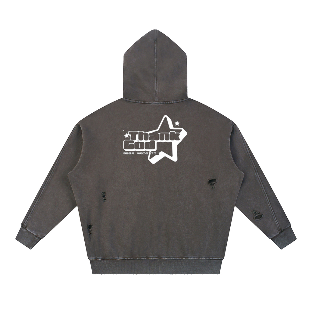 Snow‑Washed Distressed Panel Pocket Hoodie — +G Swoop + Thank God* Edition
