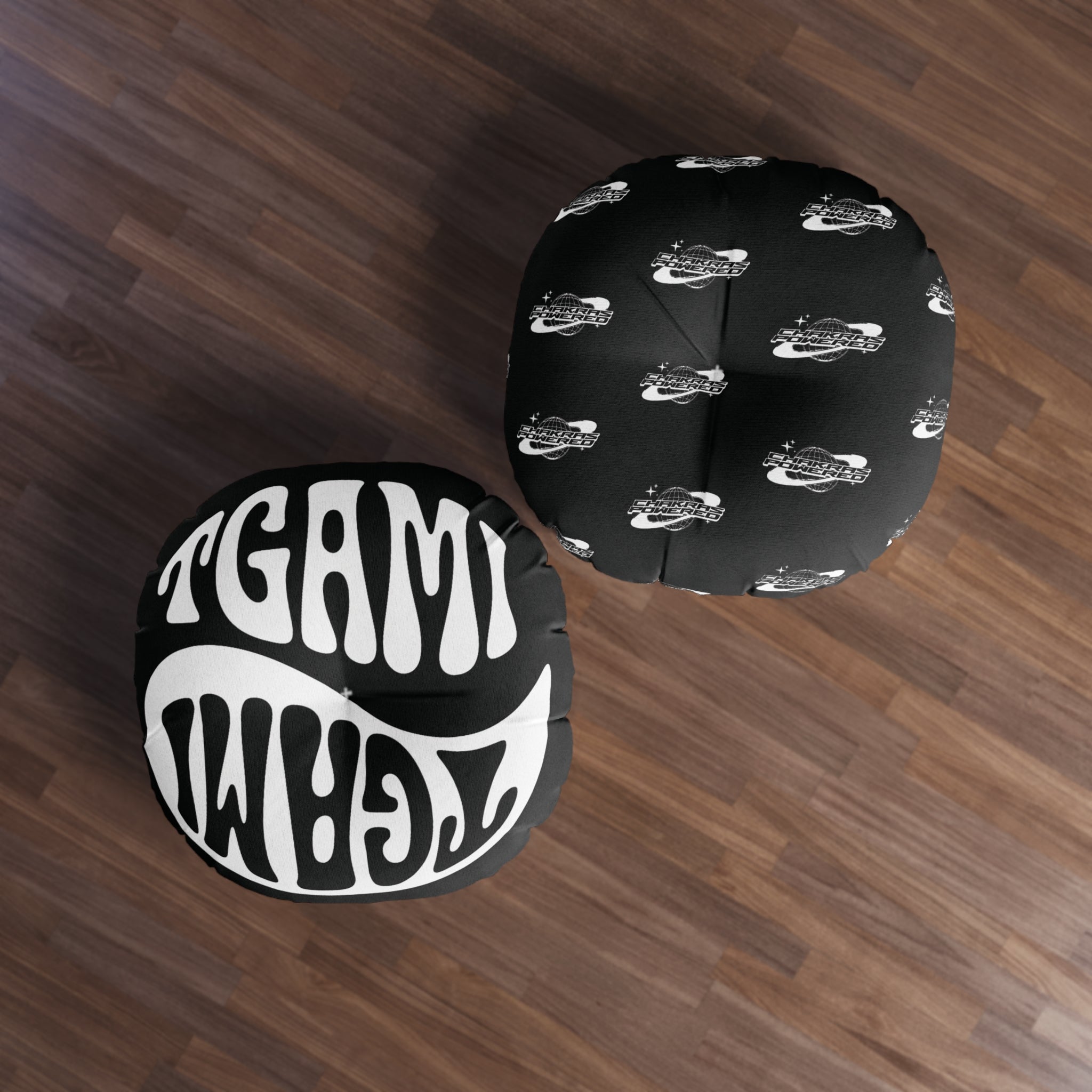 Balance Icon Logo Round Tufted Floor Pillow – Black & White Reversible Design
