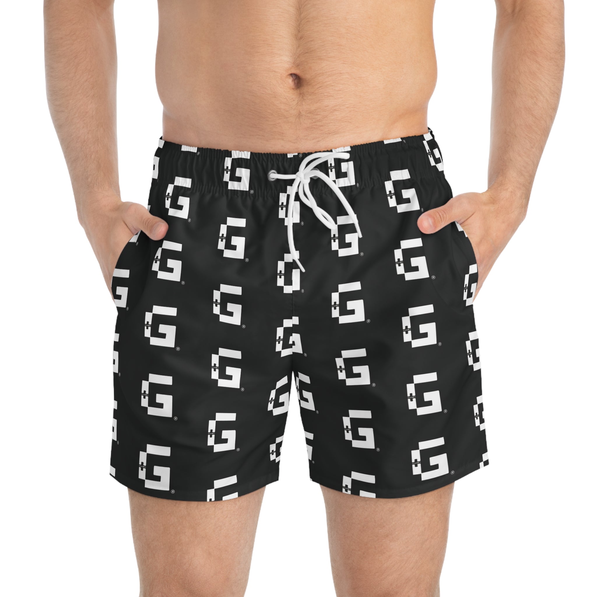 Allover 'G' Logo Swim Trunks — Bold Graphic Beach Shorts