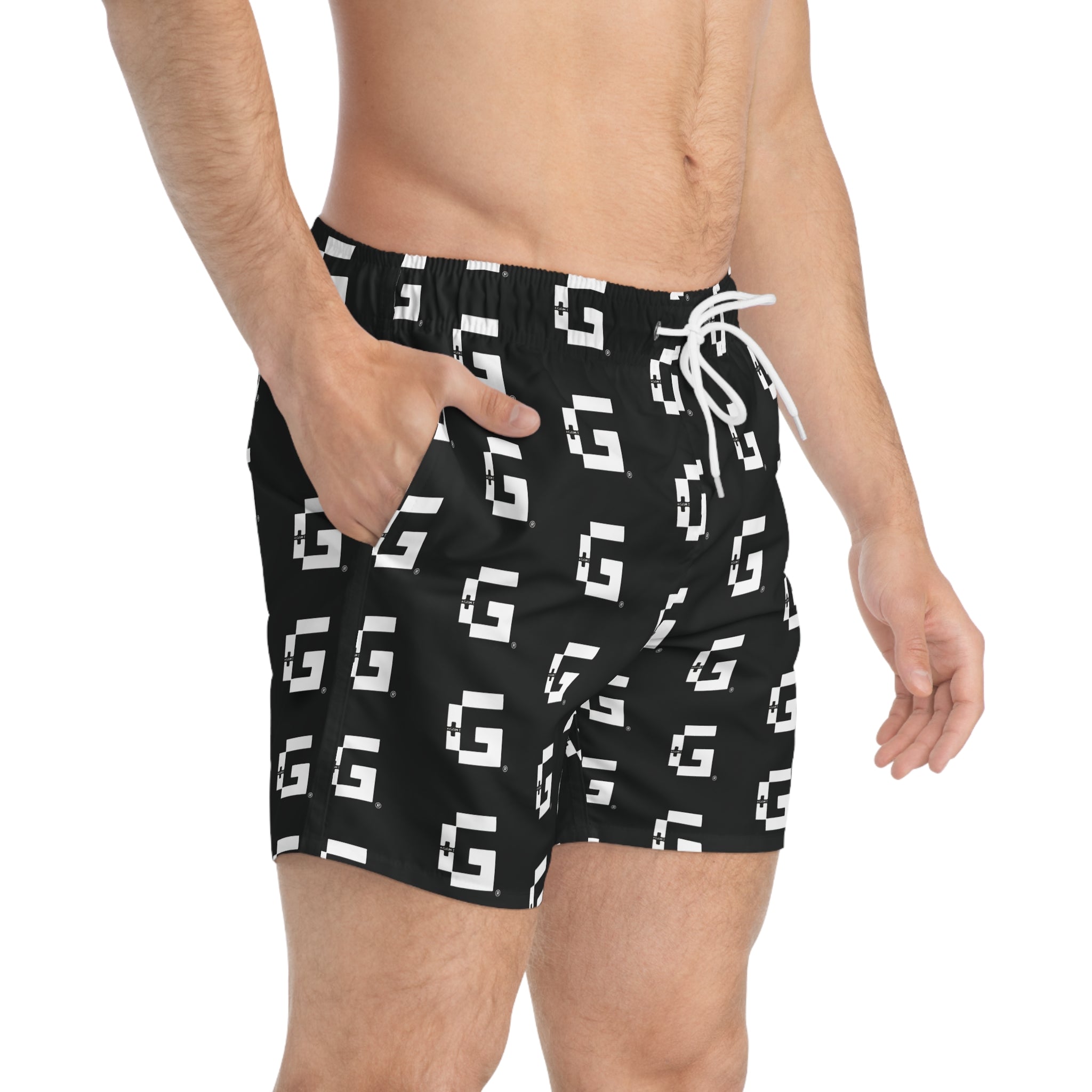 Allover 'G' Logo Swim Trunks — Bold Graphic Beach Shorts