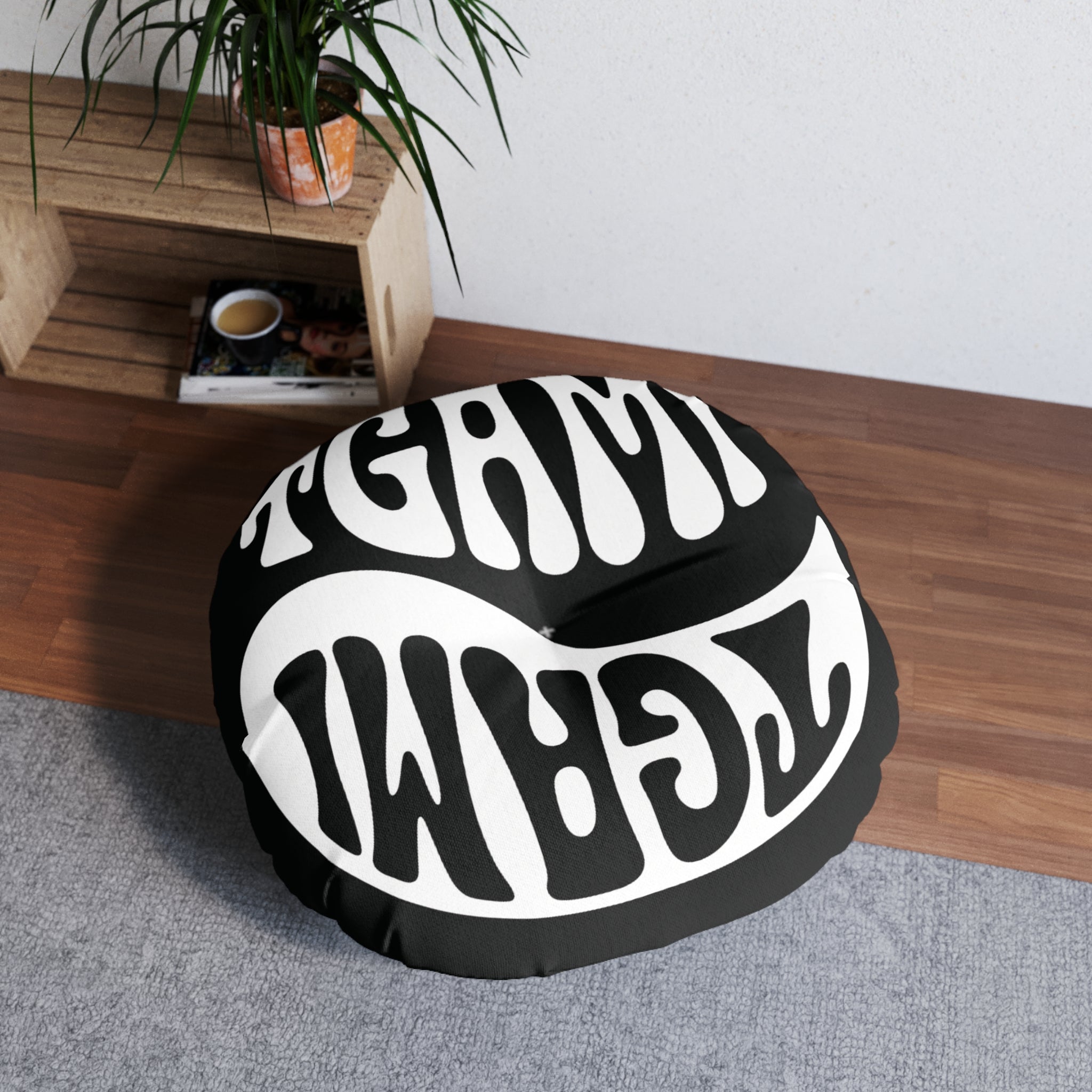 Balance Icon Logo Round Tufted Floor Pillow – Black & White Reversible Design