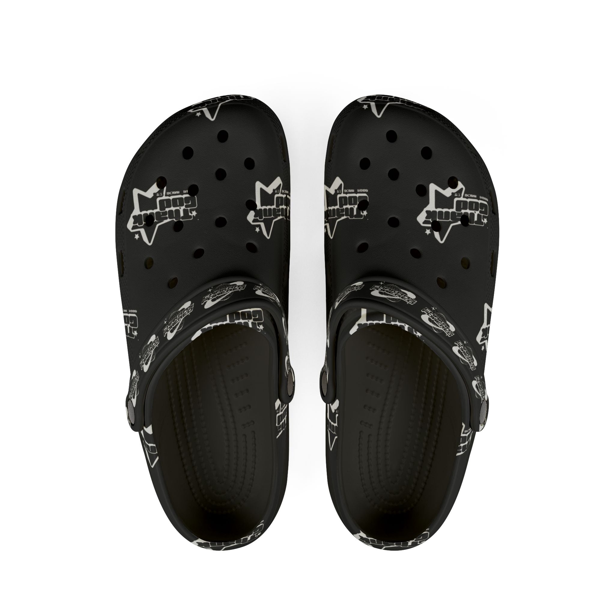 Black EVA Foam Clog Shoes — Thank God* logo Pattern