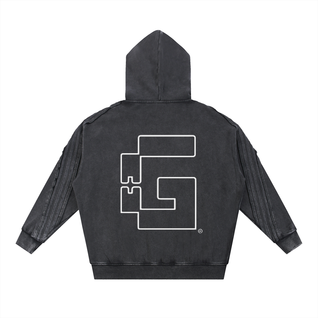 Snow‑Washed Raw‑Edge Zip Hoodie — Broken Wishbones + +G Edition