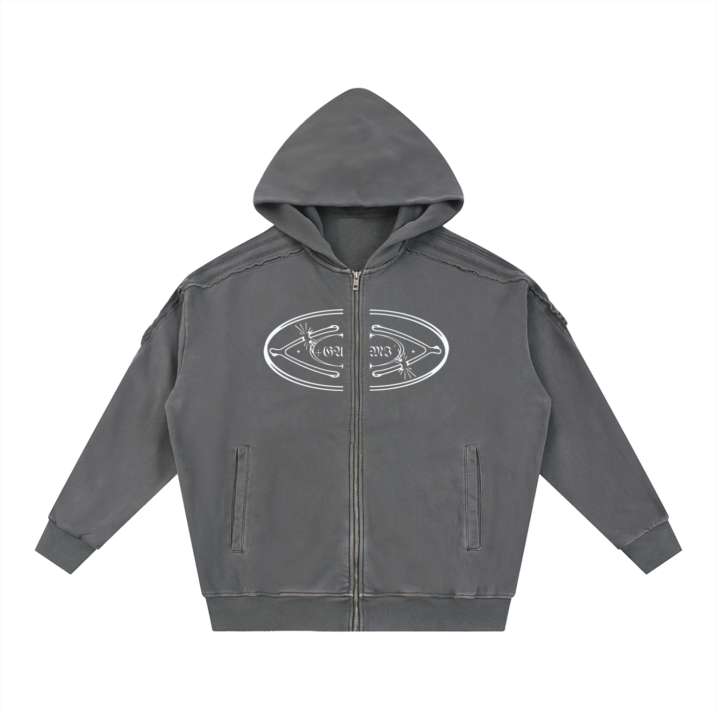 Snow‑Washed Raw‑Edge Zip Hoodie — Broken Wishbones + +G Edition