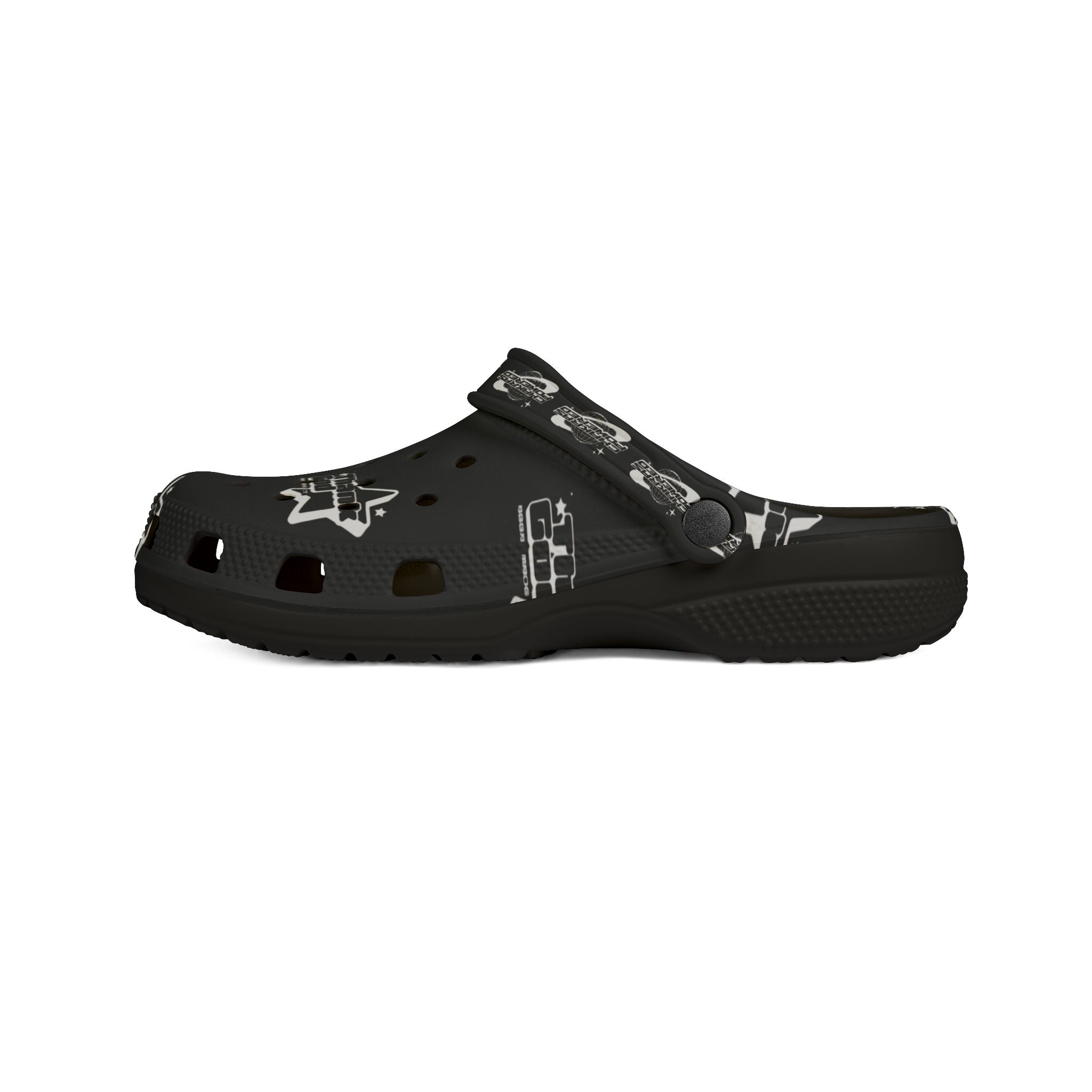 Black EVA Foam Clog Shoes — Thank God* logo Pattern