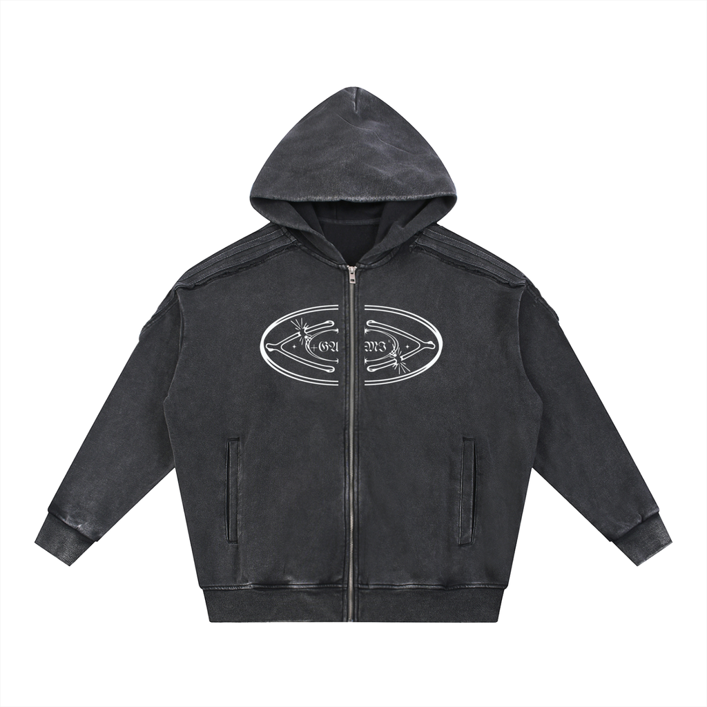 Snow‑Washed Raw‑Edge Zip Hoodie — Broken Wishbones + +G Edition