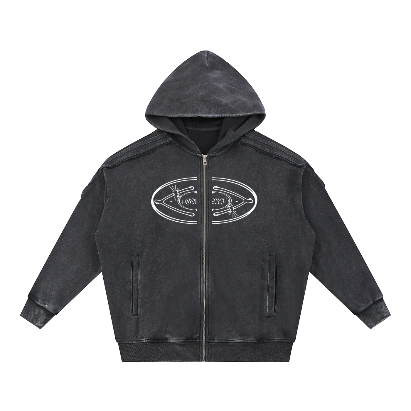Snow‑Washed Raw‑Edge Zip Hoodie — Broken Wishbones + +G Edition