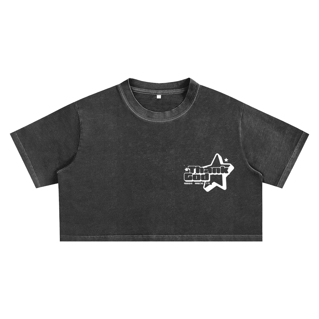 Thank God* logo Snow Washed Crop Top