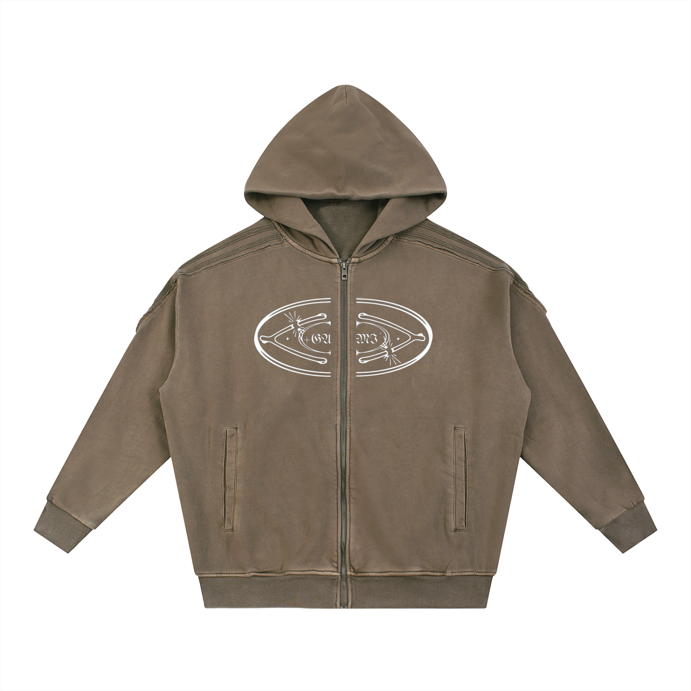 Snow‑Washed Raw‑Edge Zip Hoodie — Broken Wishbones + +G Edition