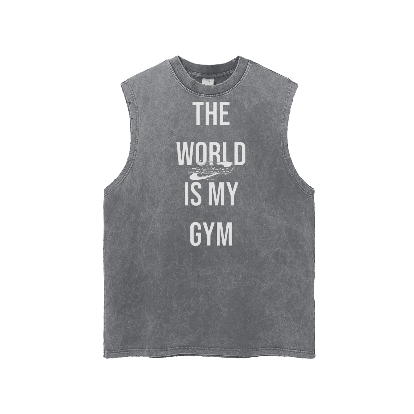 “World Is My Gym” Snow‑Washed Frayed Hem Tank