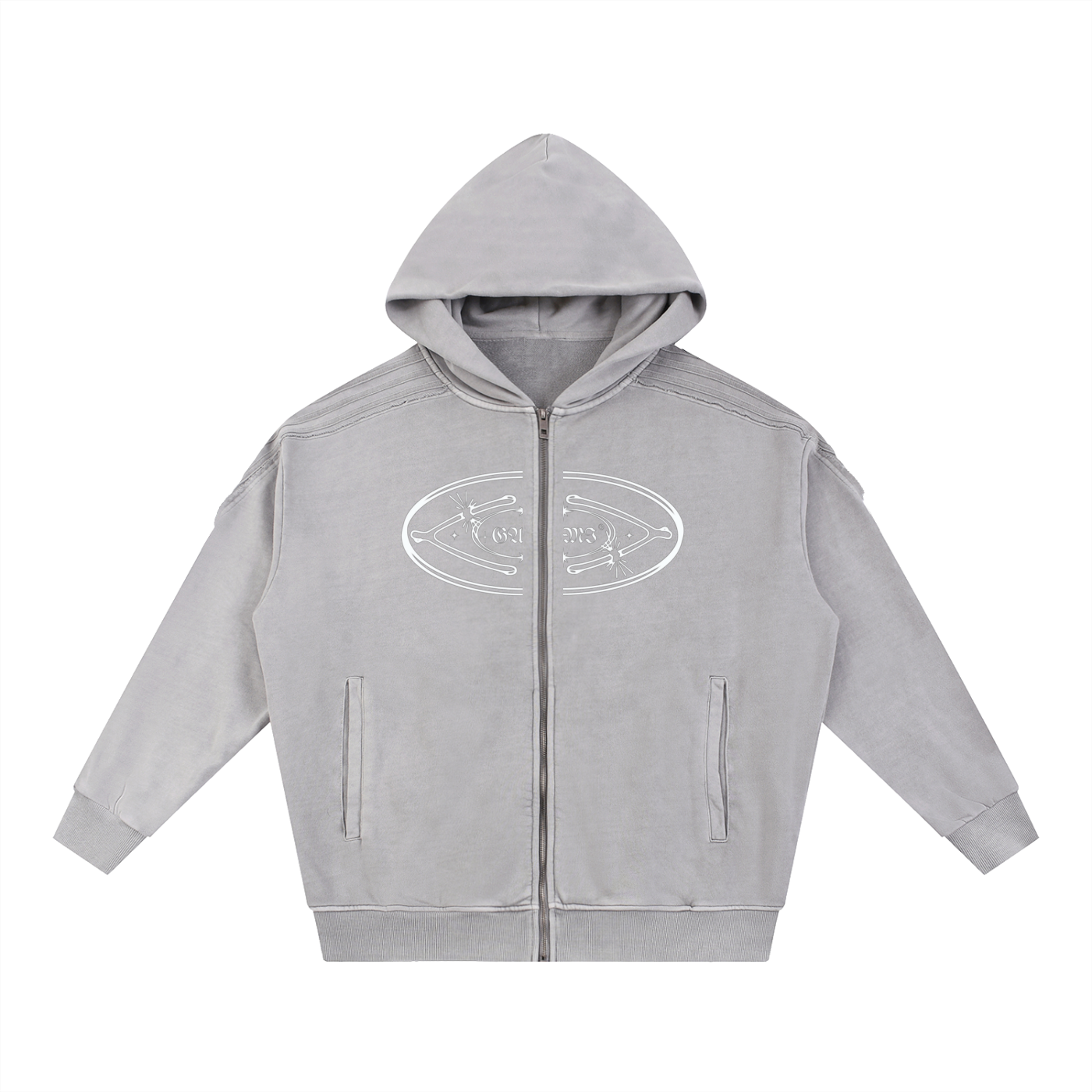 Snow‑Washed Raw‑Edge Zip Hoodie — Broken Wishbones + +G Edition