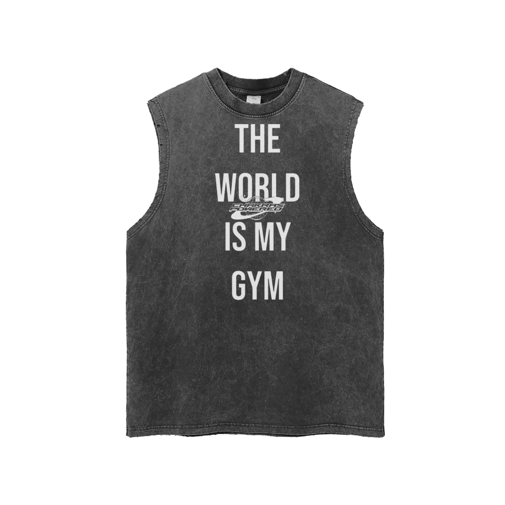“World Is My Gym” Snow‑Washed Frayed Hem Tank