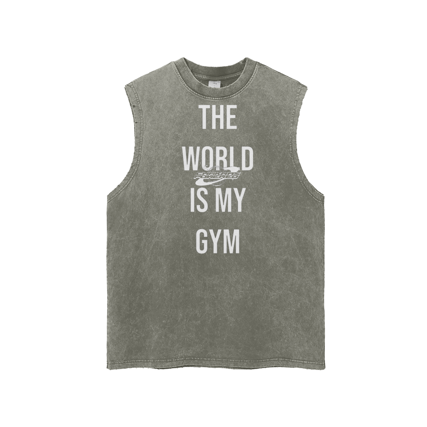 “World Is My Gym” Snow‑Washed Frayed Hem Tank