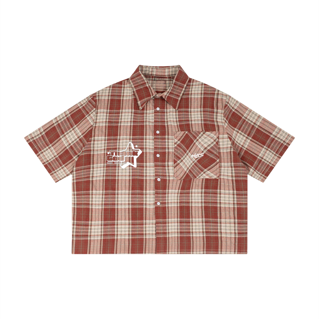 “Thank God*” Swoop logo Plaid Boxy S/S Shirt