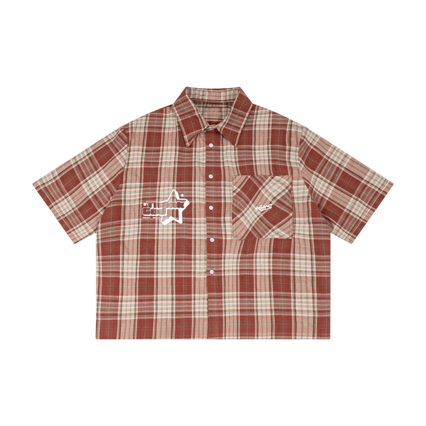 “Thank God*” Swoop logo Plaid Boxy S/S Shirt