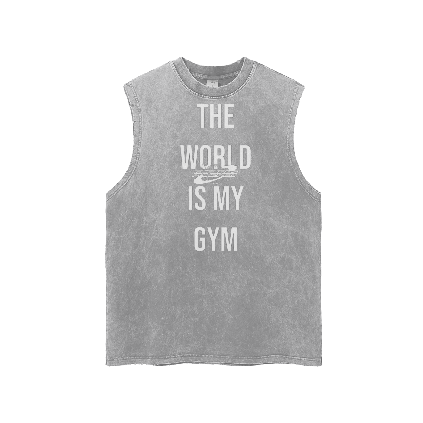 “World Is My Gym” Snow‑Washed Frayed Hem Tank